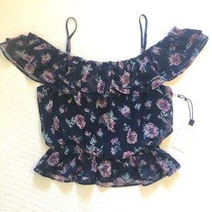 Navy Floral Chiffon Ruffled Off-shoulder Peplum